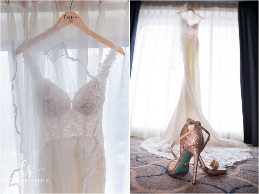 Daisy and Nenad's cruise ship wedding, shot of the wedding dress and shoes
