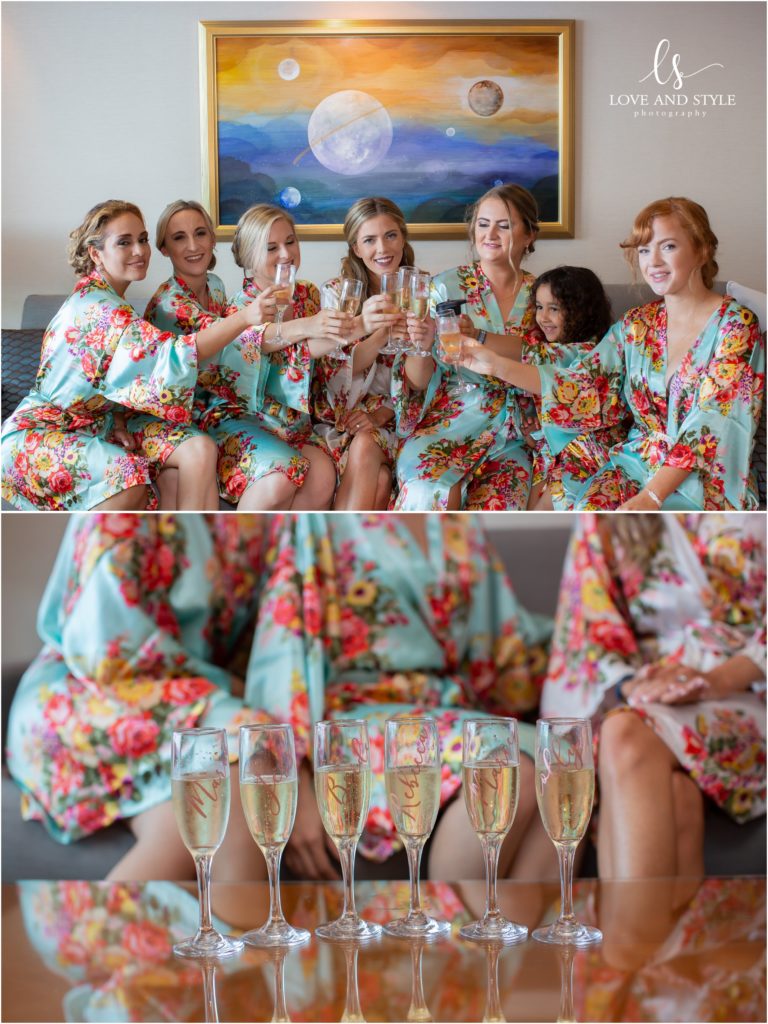 Daisy and Nenad's cruise ship wedding, bridesmaids getting ready in floral robes