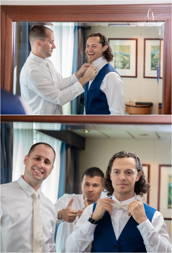 Daisy and Nenad's cruise ship wedding, groom getting ready with his groomsmen
