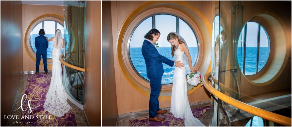 Daisy and Nenad's cruise ship wedding, groom sees bride for the first time.