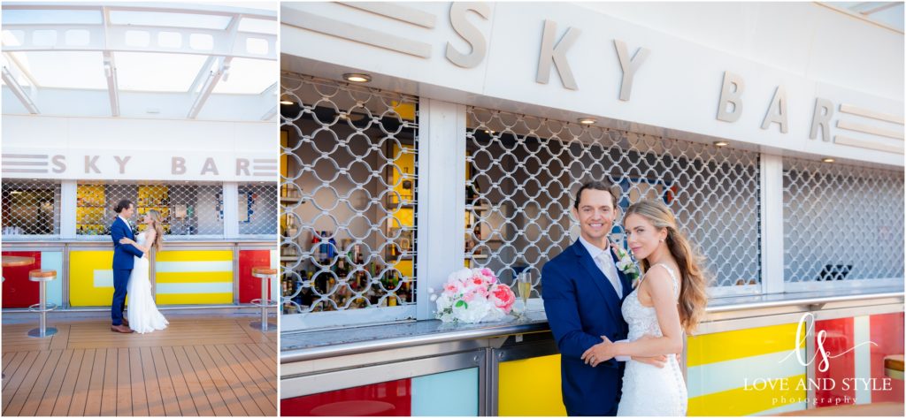 Daisy and Nenad's cruise ship wedding, bride and groom in front of the sky bar