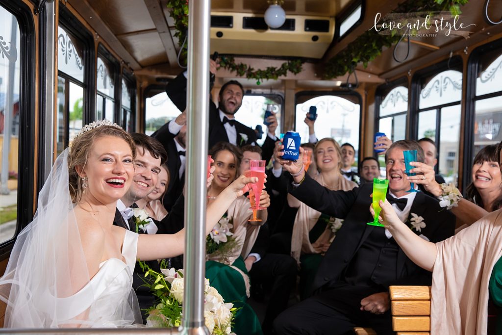Bride, Groom and wedding party on the Siesta Key Trolley