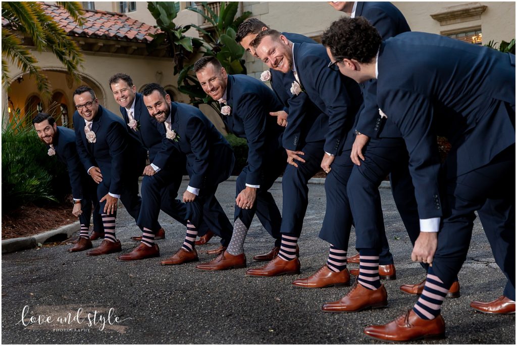 Powel Crosley Estate Wedding photo of the groom and groomsmen showing their socks