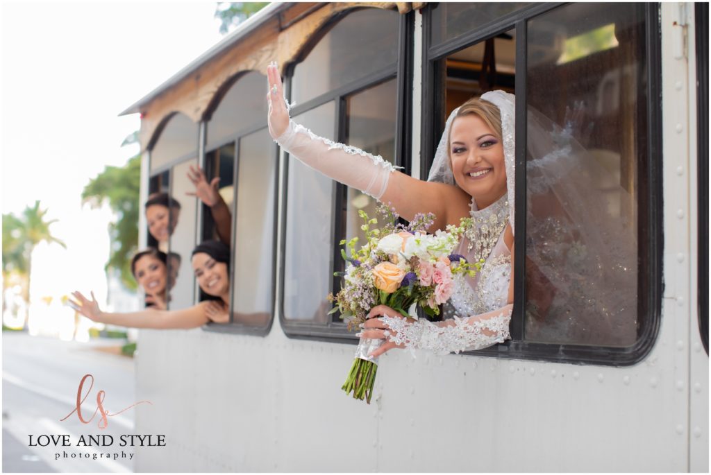 Bride and bridesmaids on The Siesta Trolley
