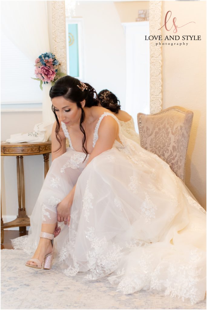 A Baker's Ranch Wedding, bride putting on her shoes