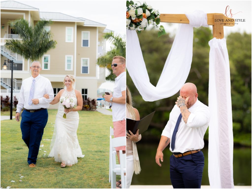 Groom's reaction after seeing his bride walk down the aisle at The Waterline Marina on Anna Maria Island