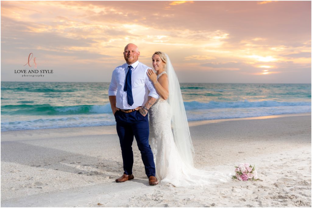 Bride and Groom portrait on an Anna Maria Island Beach at sunset