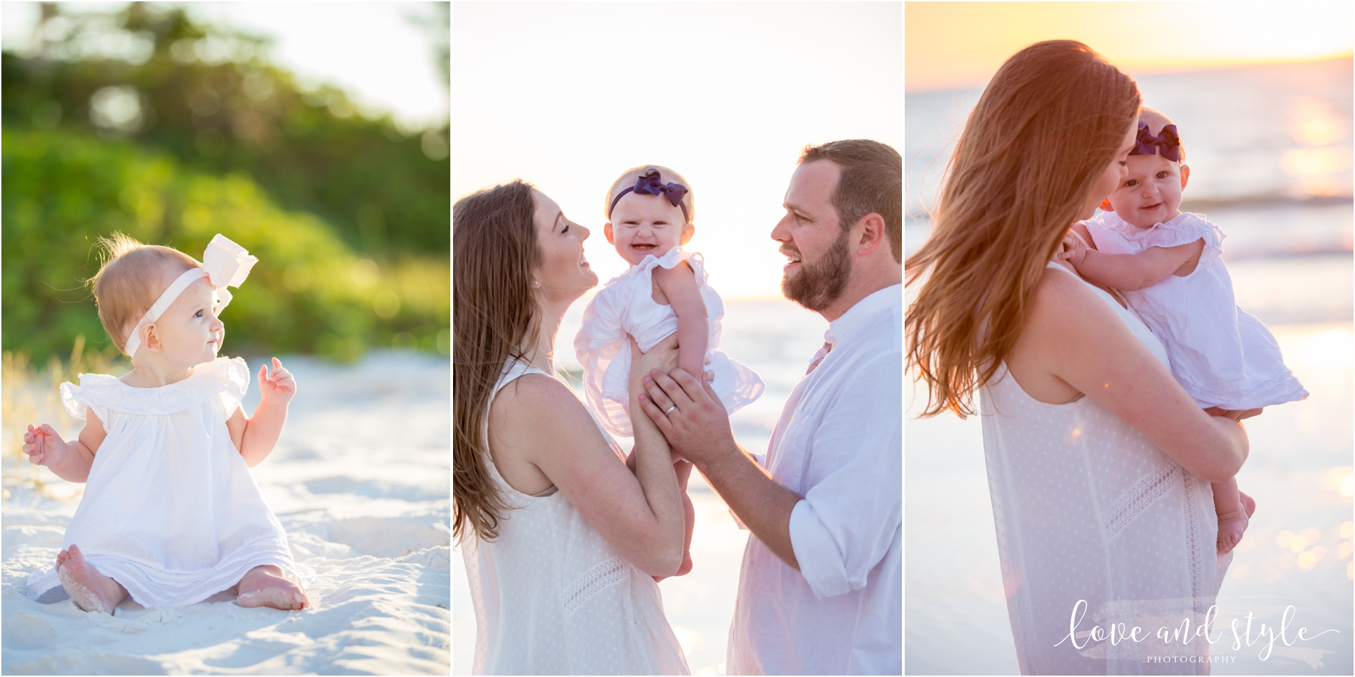 family of three wearing white on Siesta Key beach at sunset