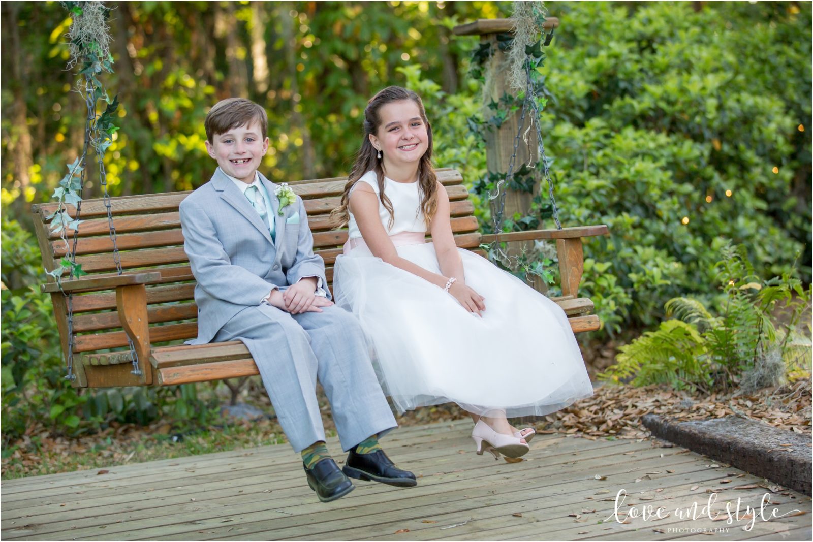 Bakers Ranch Wedding Flower Girl and Ring Bearer on a tree swing
