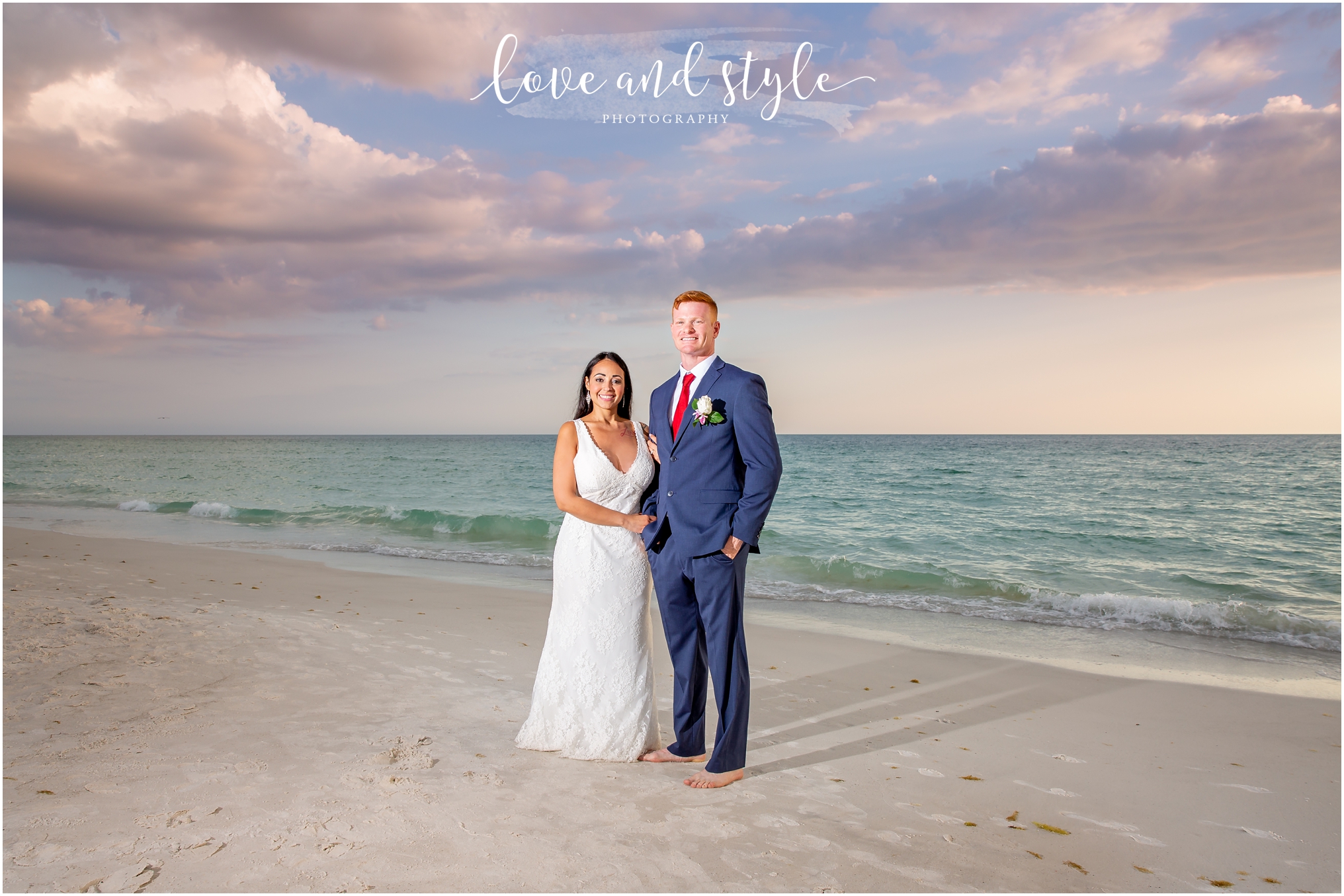 Holmes Beach Wedding bride and groom portrait and sunset
