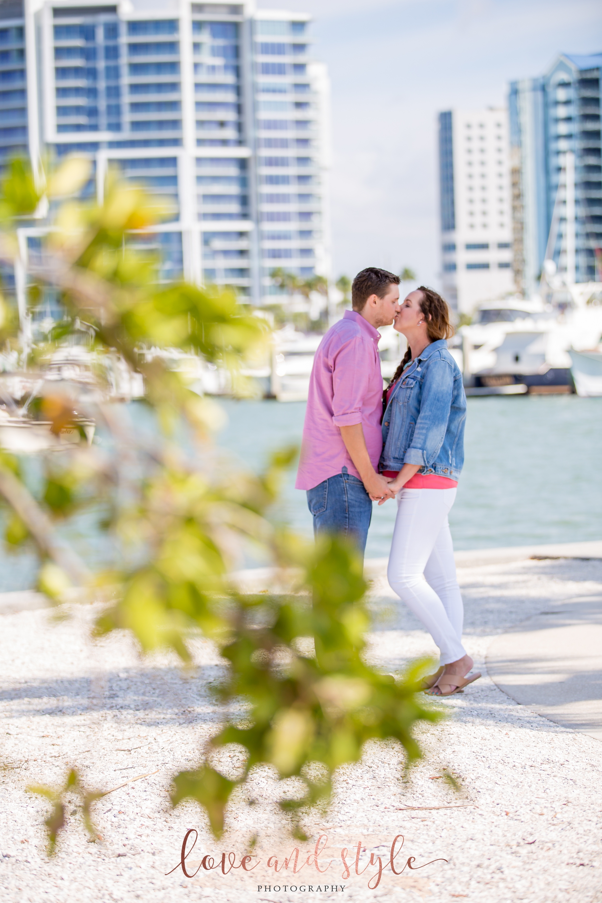 Sarasota Engagement Photography at Bayfront Park in the morning with downtown Sarasota in the background