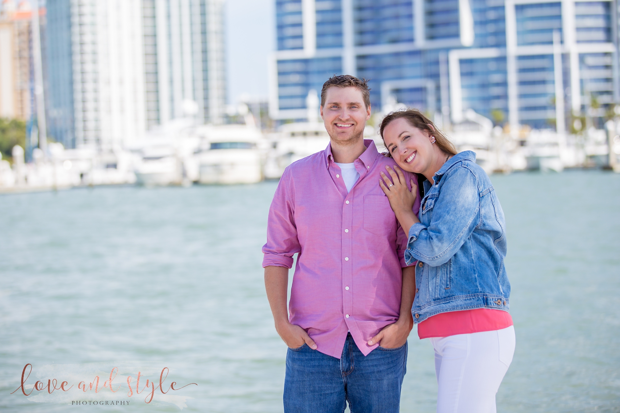 Sarasota Engagement Photography at Bayfront Park in the morning with downtown Sarasota in the background
