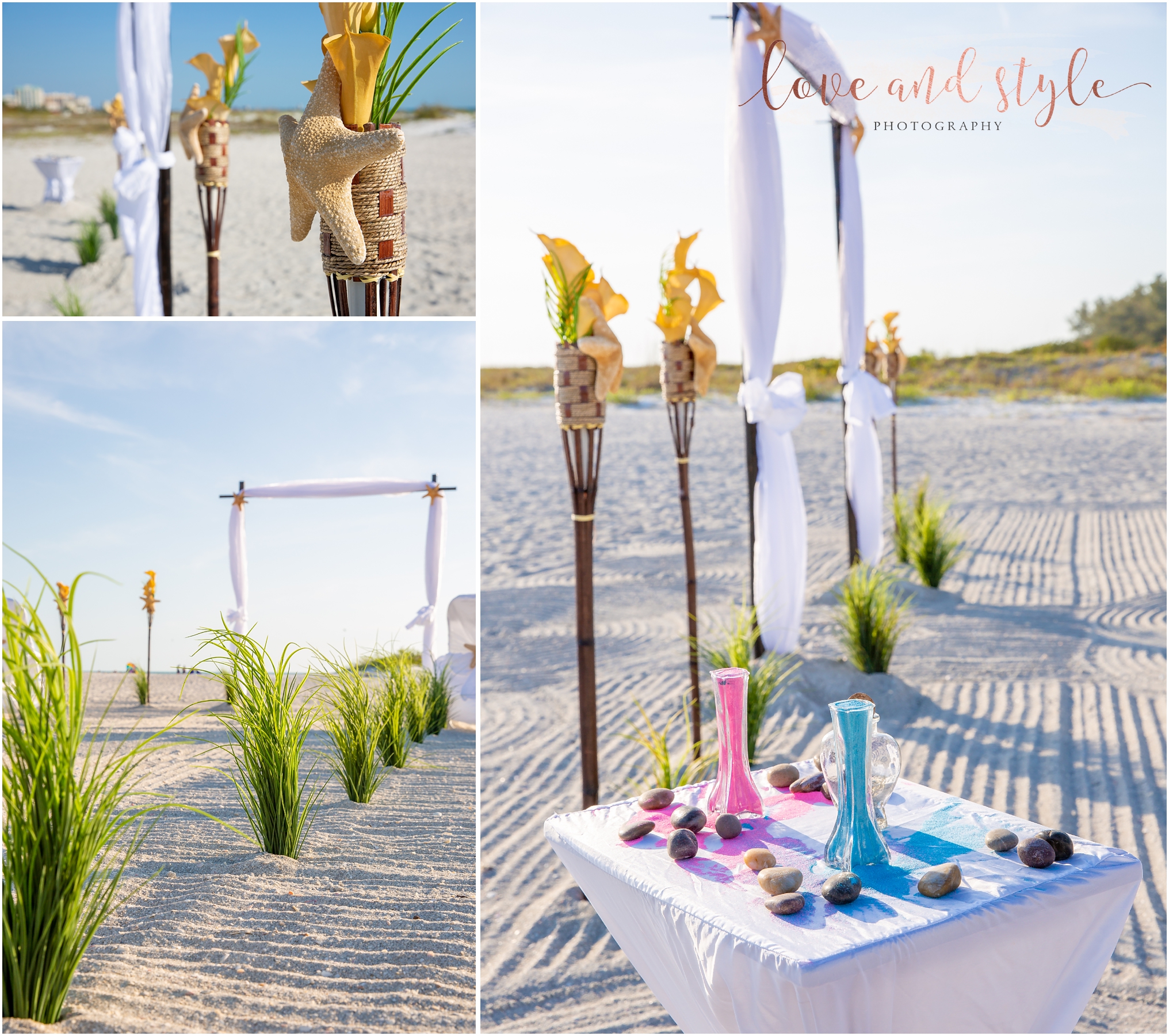 Lido Beach Wedding setup on the sand with starfish and sand ceremony