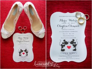 Disney Dream Cruise Wedding, shot of the rings close up of the details, shoes, rings, and invitation