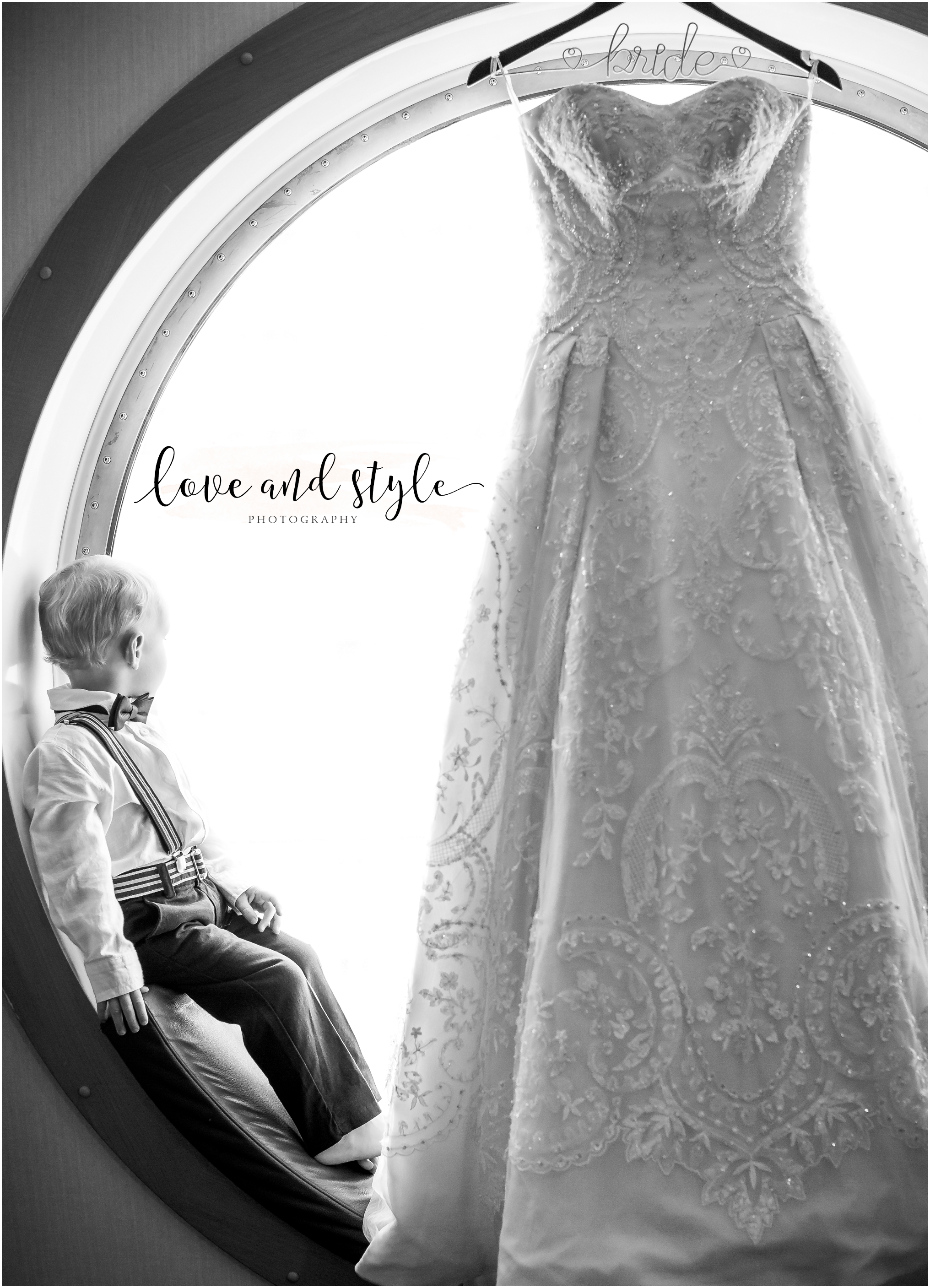 Disney Dream Cruise Wedding photo of the brides wedding dress and two year old son
