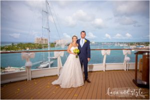 Disney Dream Cruise Wedding Photography, bride and groom portrait on the deck with Atlantic in the background