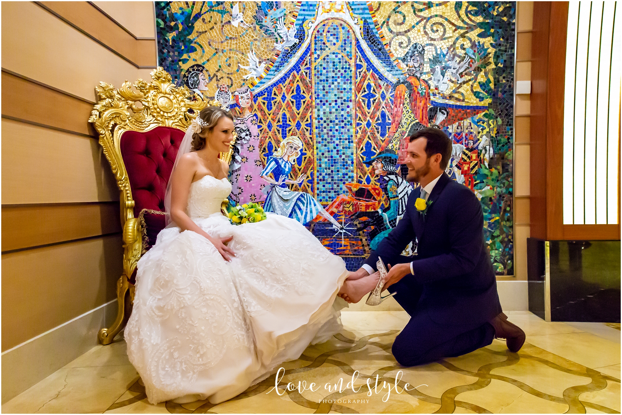 Disney Dream Cruise Wedding Photography, bride and groom portrait in front of the cinderella murell