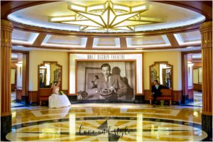 Disney Dream Cruise Wedding Photography, bride and groom portrait in front of the Walt Disney Theater