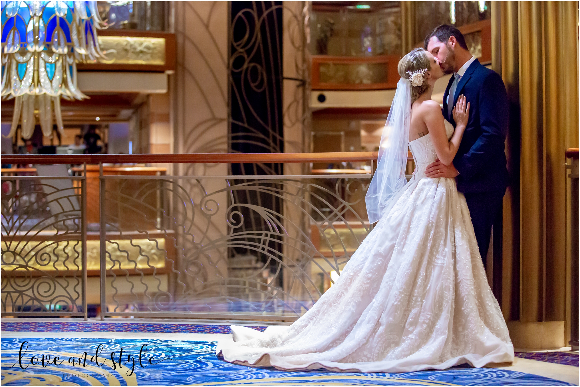 Disney Dream Cruise Wedding Photography, bride and groom portrait in the ship's atrium