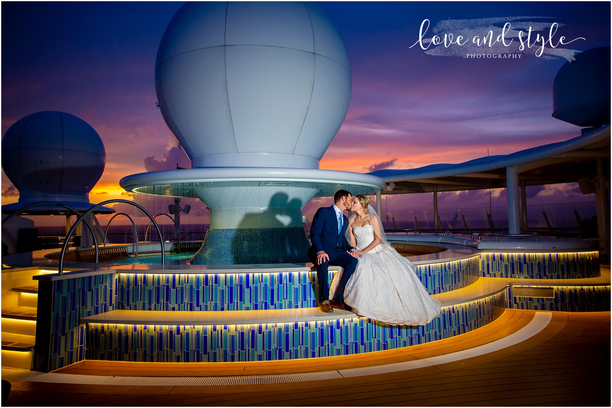 Disney Dream Cruise Wedding Photography, bride and groom portrait at sunset