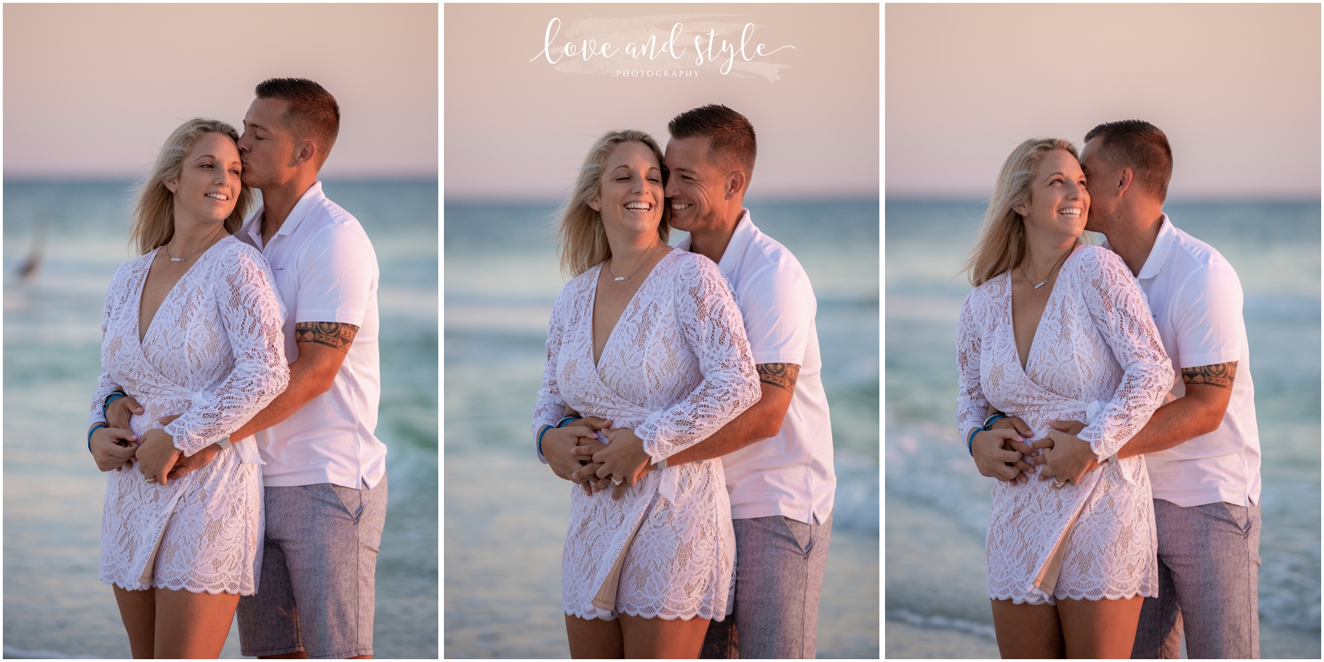AMI Engagement Photography with couple in white at the beach during the sunset hour