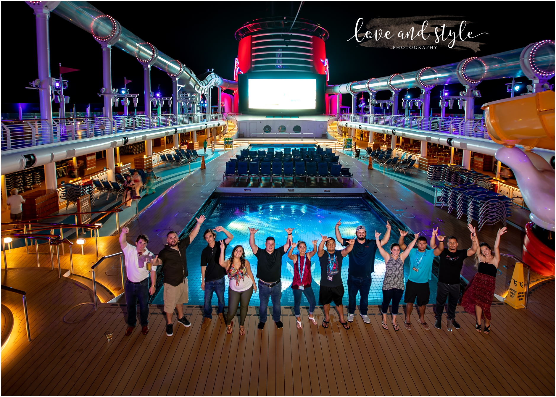 Disney Cruise Wedding of all the friends on the deck at night