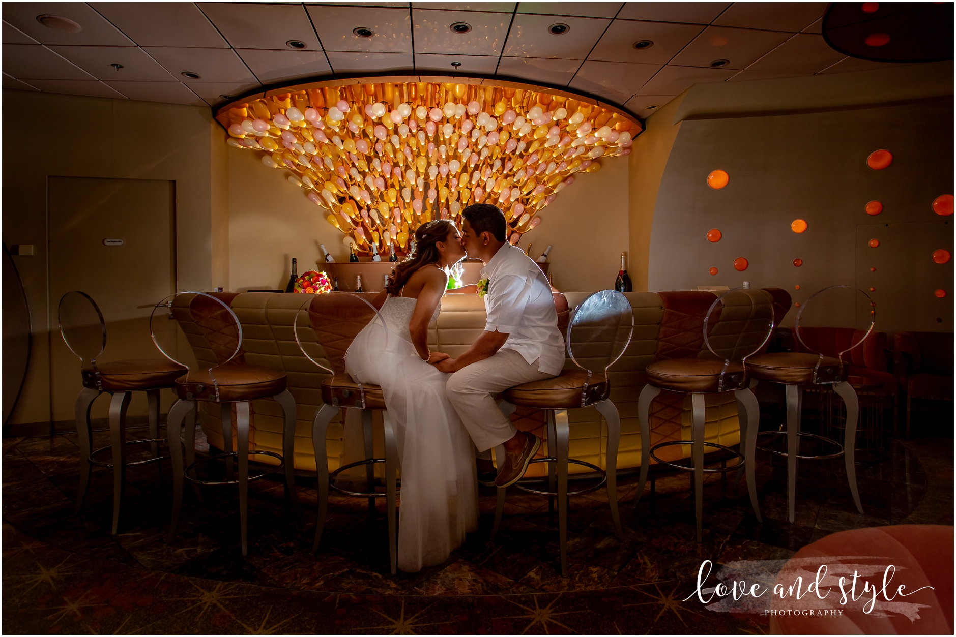 Disney Cruise Wedding bride and groom portraits in the Champagne Lounge