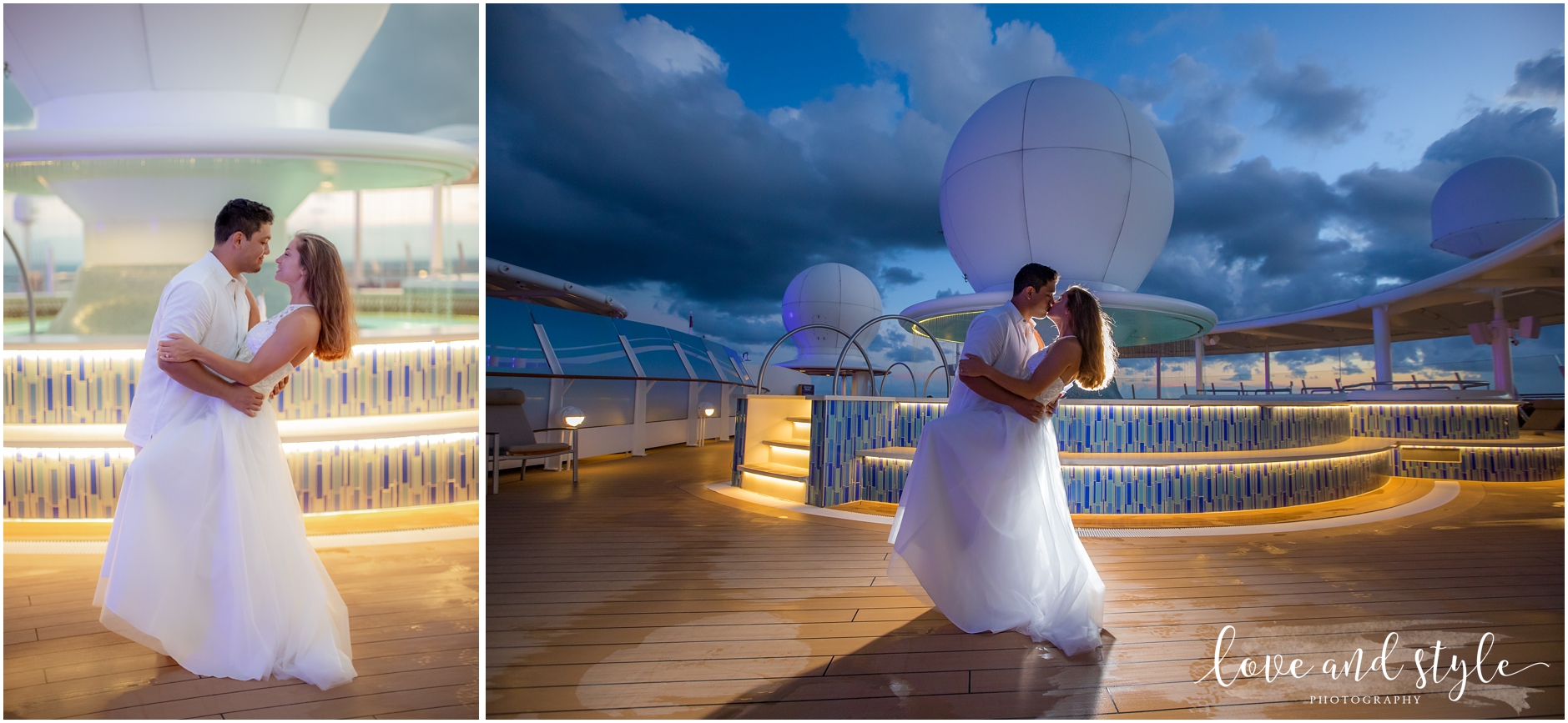 Disney Cruise Wedding bride and groom portrait on the deck at sunset on the Disney Dream