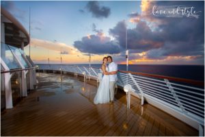 Disney Cruise Wedding bride and groom portrait on the deck at sunset on the Disney Dream