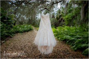 Sarasota Wedding Photographer at The Barn at Chapel Creek, photo of the dress hanging from a tree