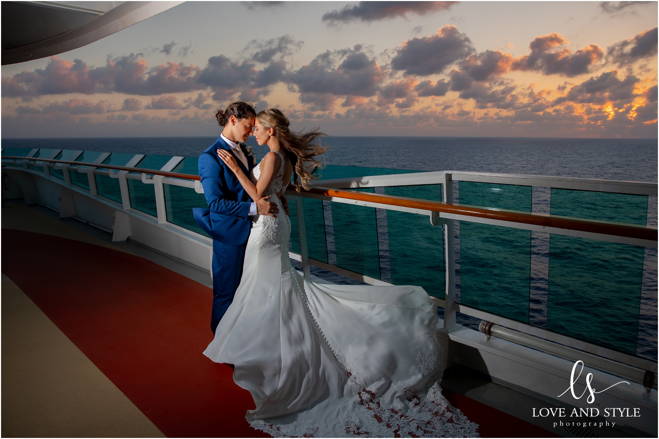 Daisy and Nenad's cruise ship wedding, bride and groom in the solarium, bride and groom on the deck at sunset