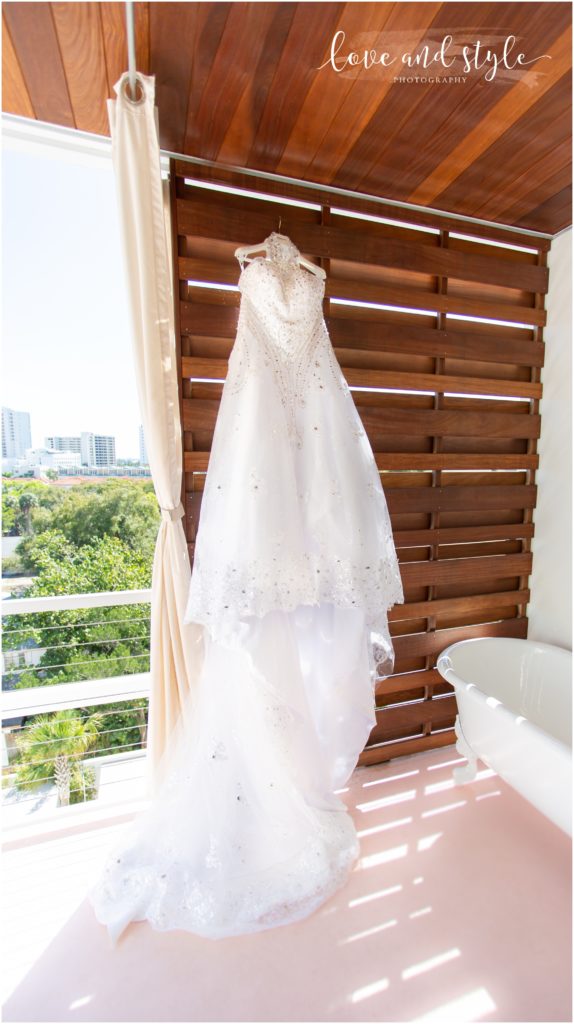 Bride getting ready pics at The Sarasota Modern, Wedding Dress