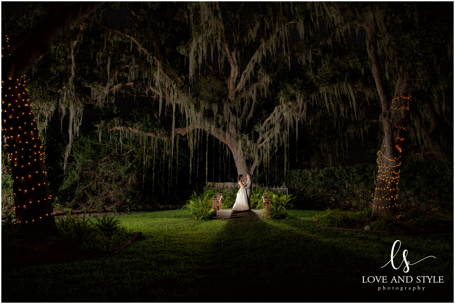 A Baker's Ranch Wedding, bride and groom under the tree with back lighting