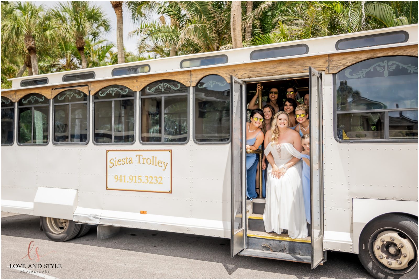 Bride and bridesmaids aboard the Siesta Trolley on the way to a Wedding Selby Gardens Sarasota
