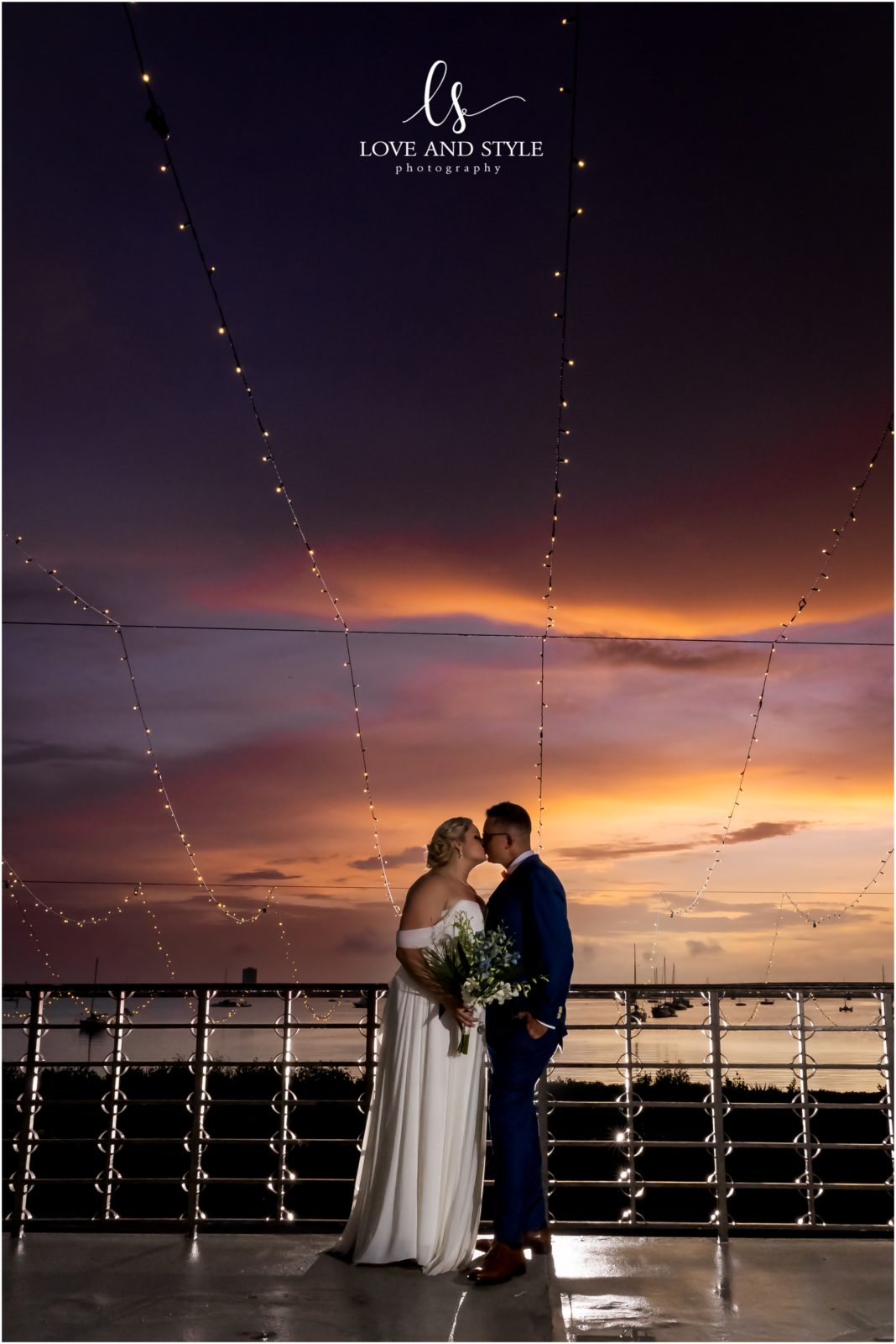 Bride and groom portrait at sunset at their Wedding at Selby Gardens Sarasota