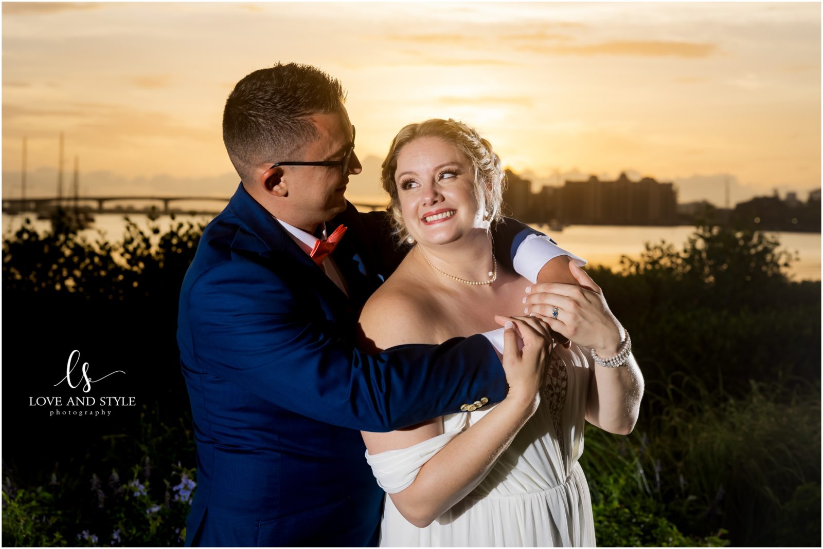 Bride and groom portrait at sunset at their Wedding at Selby Gardens Sarasota