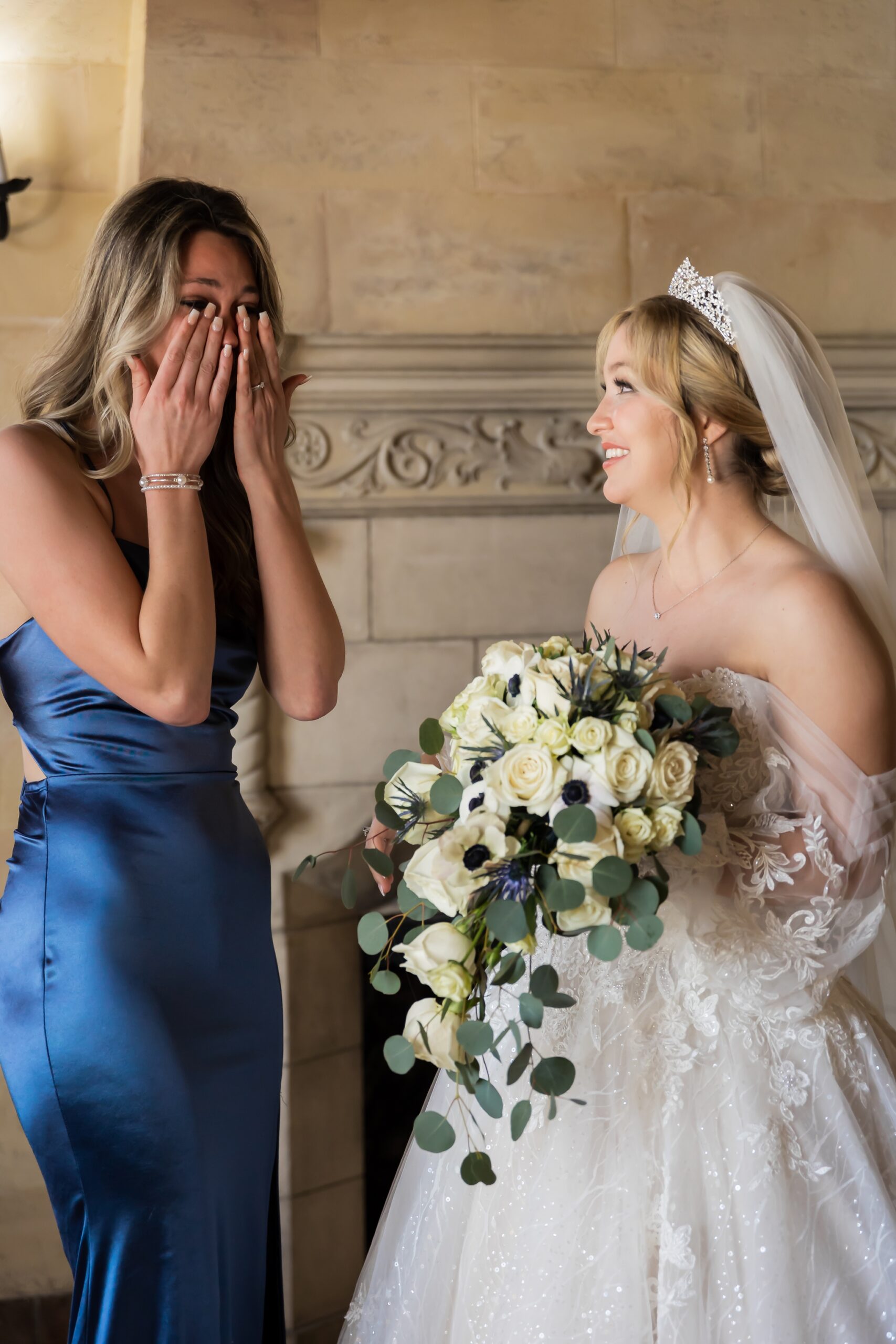 Maid of honor crying as she sees her best friend, Morgan in her wedding dress for the first time at the Powel Crosley Estate.