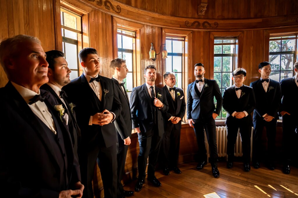 Groom and groomsmen at the Powel Crosley Estate before the ceremony.