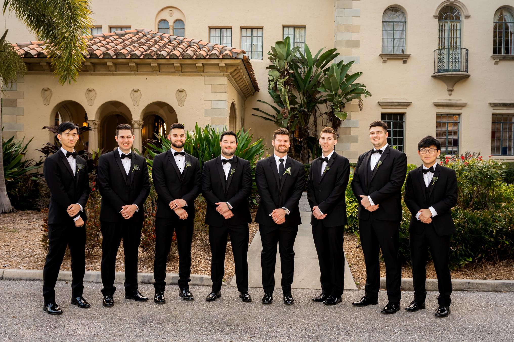Groom Ethan with his groomsmen out front of the Powel Crosley Estate.